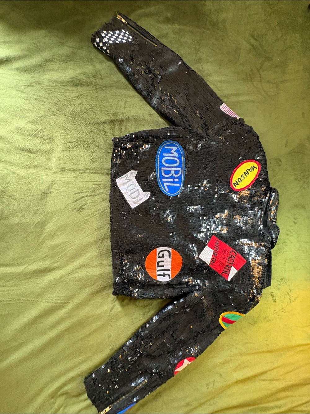 Sequin Patchwork Black Jacket with Retro Patches